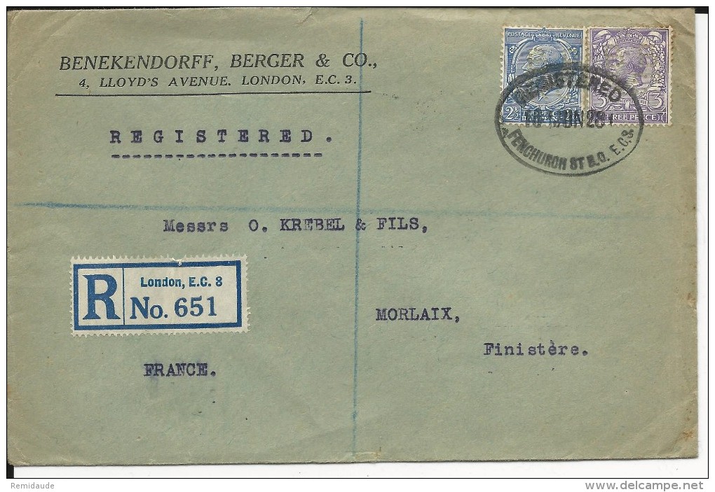 GB - 1928 - PERFORES B.B AND C Sur ENVELOPPE RECOMMANDEE De LONDON Pour MORLAIX - Cartas & Documentos