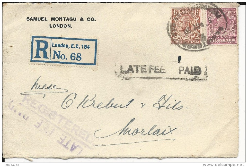 GB - 1930 - PERFORES S.M AND C Sur DEVANT DE LETTRE RECOMMANDEE De LONDON Pour MORLAIX - Perfins