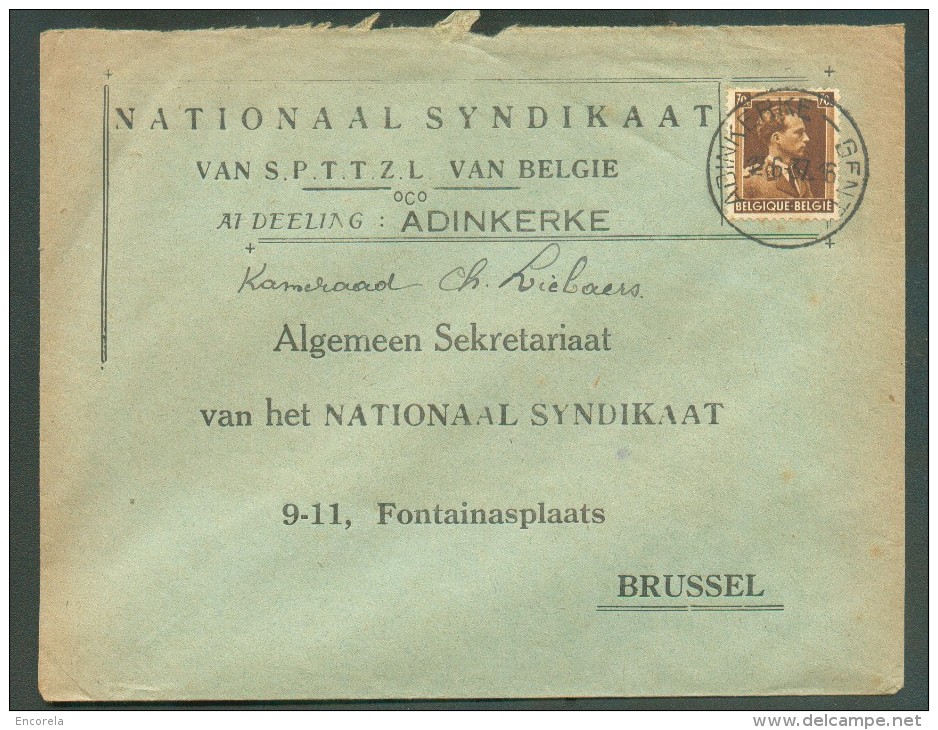 70 Centimes Léopold III Col Ouvert Obl; Ambulant ADINKERKE-GENT Sur Lettre 'Nationaal Syndikaat SPTTZL Van Belgie' Du12- - Ambulanti