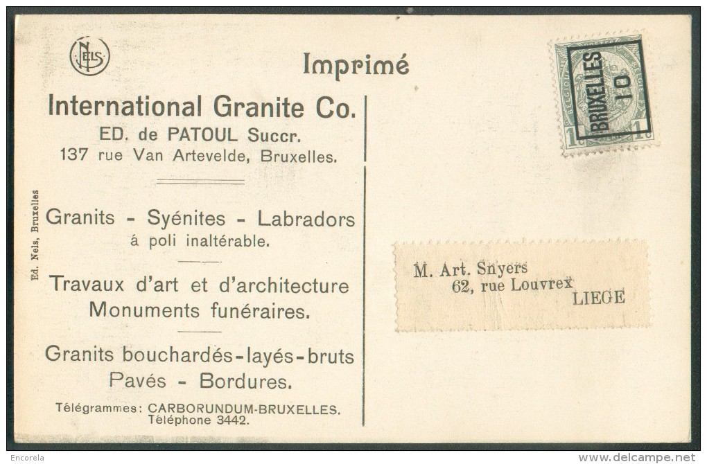 N°81  - 1 Centime PREO BRUXELLES 10 Sur C.P. (International Granite Labradors Pavés, ...) Vers Liège - 10455 - Typografisch 1906-12 (Wapenschild)