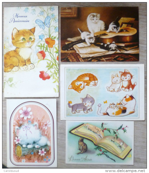 Cp Lot  7x Litho Illustrateur Fete Anniversaire Voeux Theme Chats Chaton Chat Cheminee Sapin Etc - Collections & Lots