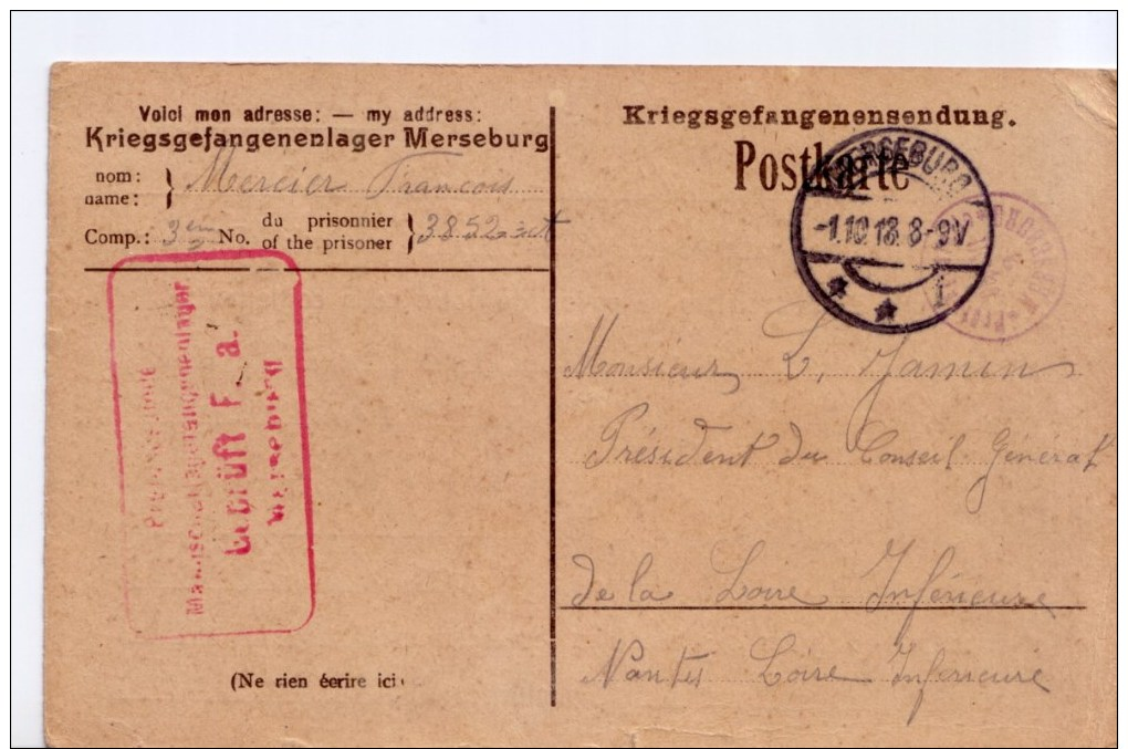 Carte De Franchise Du Camp De Prisonniers De Merseburg Pour Nantes 1918 Kriegsgefangenensendung - Lettres & Documents