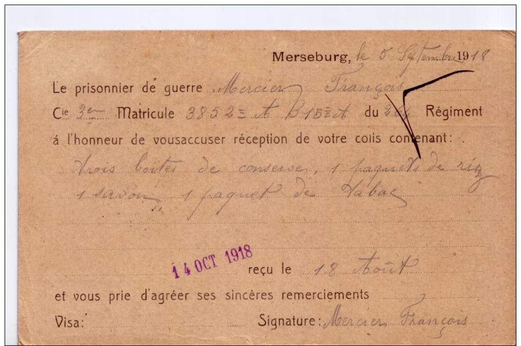 Carte De Franchise Du Camp De Prisonniers De Merseburg Pour Nantes 1918 Kriegsgefangenensendung - Lettres & Documents