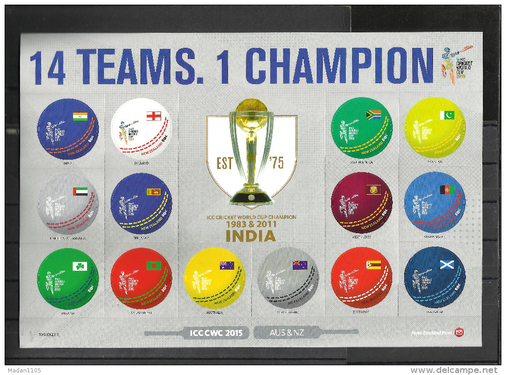 NEW ZEALAND, 2015, Cricket World Cup, India, Trophy, Ball, Souvenir Sheet, 14 Circular Self Adhecive Stamps, MNH, (**) - Unused Stamps