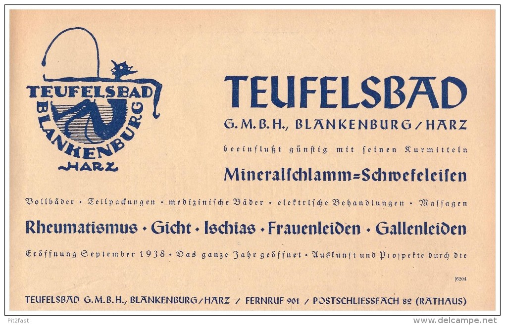 Original Werbung - 1938 - Teufelsbad In Blankenburg A. Harz , Kur , Heilbad , Krankenhaus , Arzt , Bad !!! - Blankenburg