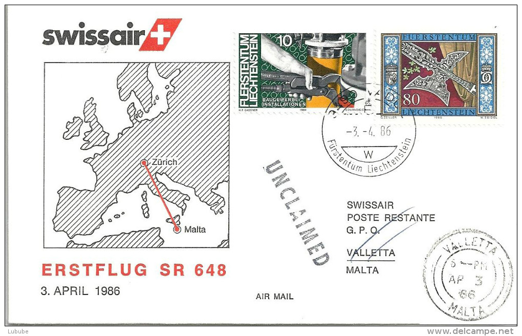 Luftpost  "Swissair Erstflug  Zürich - Valetta"  (FL-Frankatur)               1986 - Erst- U. Sonderflugbriefe