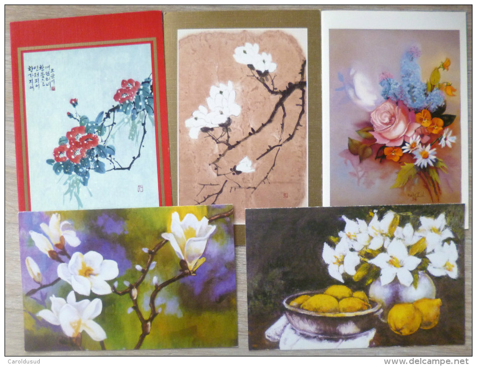 CP Lot 5x Litho Illustrateur Divers Voeux Double Carte Theme Fleur Asiatique Bouquet Rose Citron Magnolia Grand Format - Collections & Lots