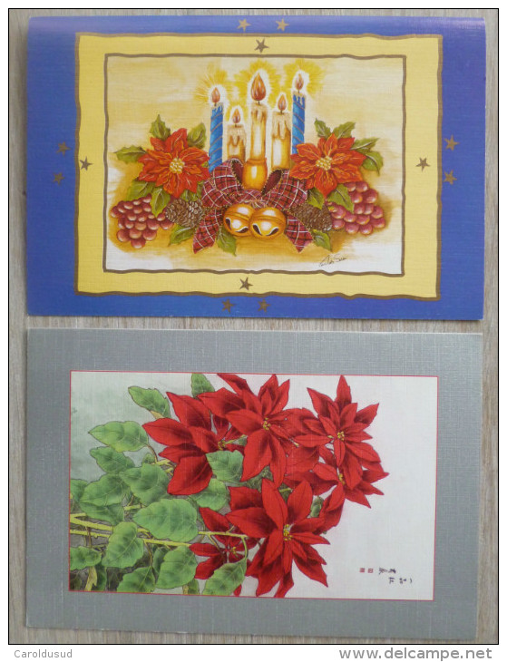 Cp Lot 2x Litho Illustrateur Voeux Fleur Rose De Noel Bougie Lumineuse Grelot Clochette Bord Argent Grand Format Double - Sammlungen & Sammellose