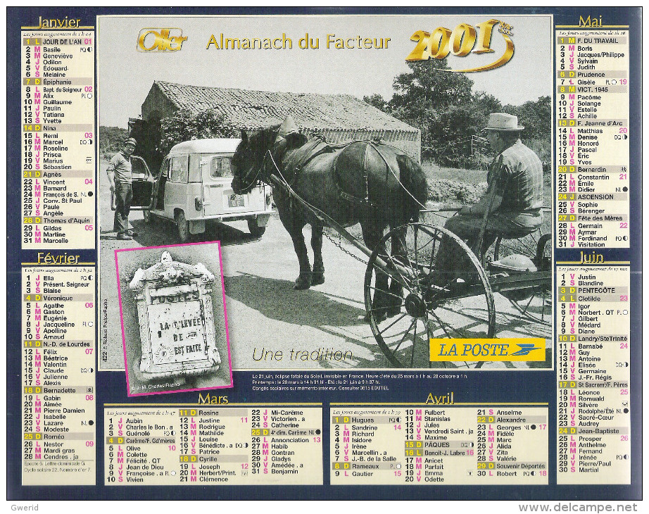 2001 CALENDRIER DES PTT  -  MAINE ET LOIRE - Grand Format : 2001-...