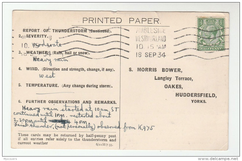 1934 AMBLESIDE Westmorland  GB GV Stamps COVER Postcard METEOROLOGY Report WEATHER STATION Re THUNDERSTORM - Climate & Meteorology