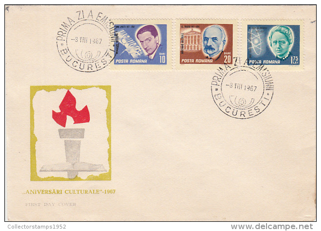 13090- CULTURAL ANNIVERSARIES, D. LIPATTI, AL. ORASCU, MARIE CURIE, COVER FDC, 1967, ROMANIA - FDC