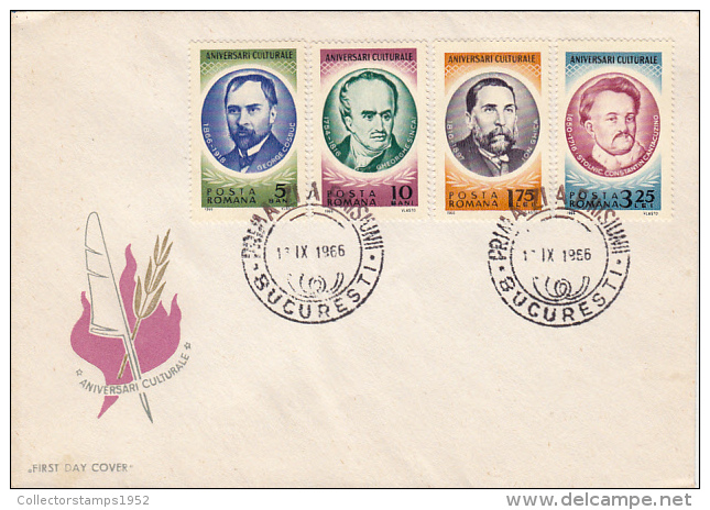 13091- CULTURAL ANNIVERSARIES, G. COSBUC, GH. SINCAI, I. GHICA, S. C-TIN. CANTACUZINO, COVER FDC, 1966, ROMANIA - FDC