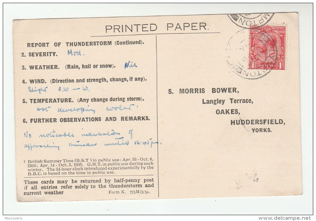 1934  PLYMPTON  CDS Pmk GB GV Stamps COVER Postcard METEOROLOGY Report WEATHER STATION Re THUNDERSTORM - Climate & Meteorology