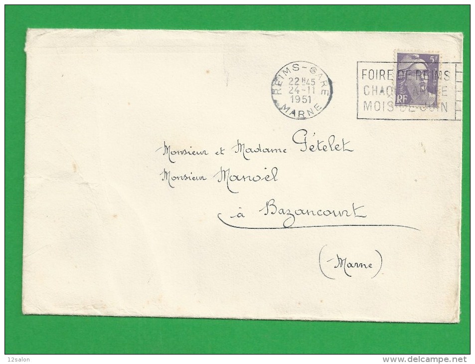 LETTRE MARIANNE DE GANDON Obl REIMS GARE - 1945-54 Marianne (Gandon)