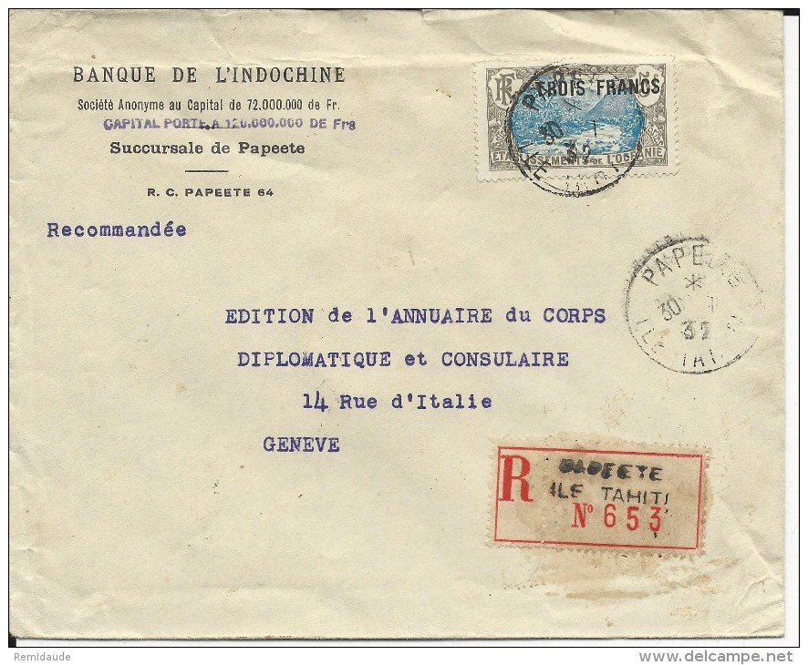 OCEANIE - 1932 - YVERT N°66 SEUL Sur ENVELOPPE RECOMMANDEE De PAPEETE Pour GENEVE - Covers & Documents