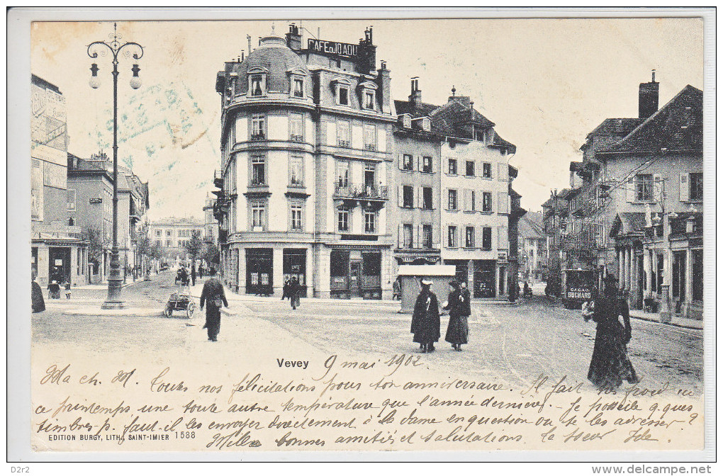 VEVEY- RUE ET PLACE ANIMEE-TRAMWAYS- CHARETTES- DOS UNIQUE-TTB-9.05.02-CACHET SPECIAL DE ST SAPHORIN - Saint-Saphorin