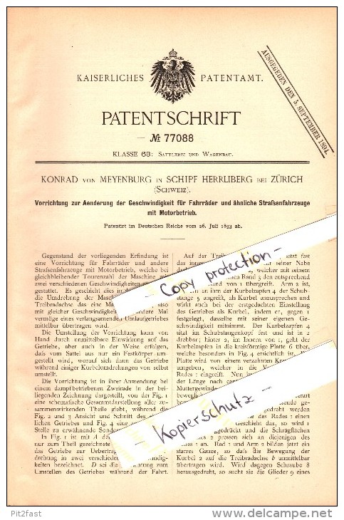 Original Patent - Konrad Von Meyenburg In Schipf Herrliberg B. Zürich , 1893, Geschwindigkeitsapparat Für Motorfahrzeuge - Herrliberg