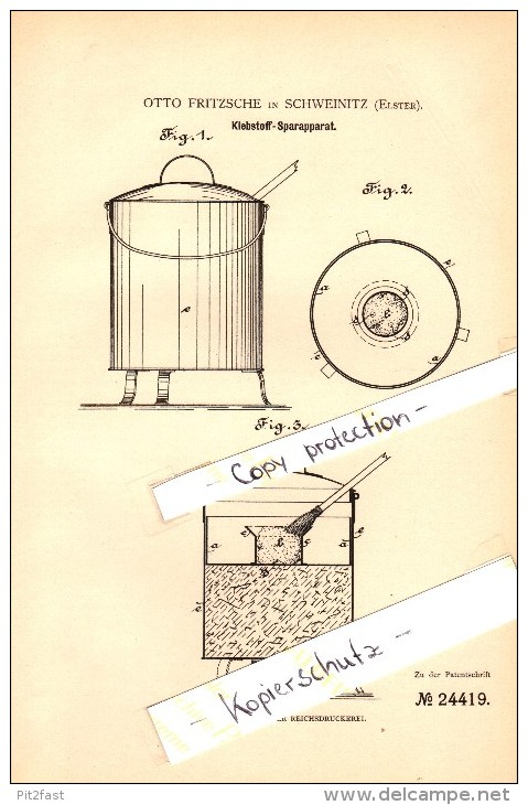 Original Patent - Otto Fritzsche In Schweinitz B. Jessen / Elster , 1883 , Klebstoff-Sparapparat !!! - Jessen