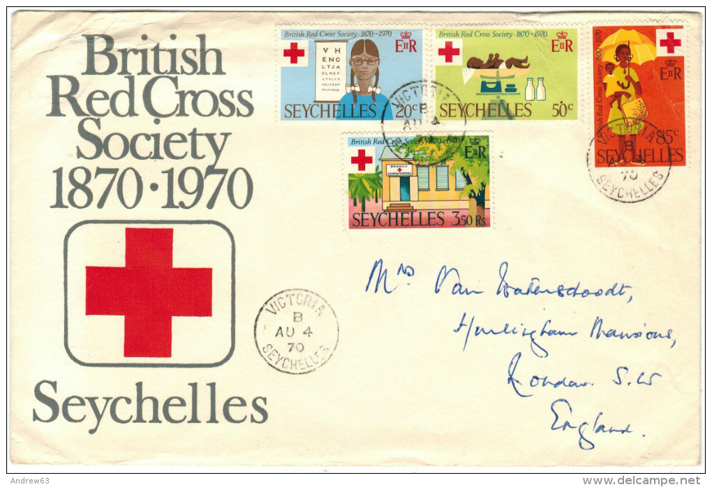 SEYCHELLES - 1970 - BRITISH RED CROSS SOCIETY 1870-1970 - FULL SET - FDC - Viaggiata Da Victoria Per London - Seychelles (1976-...)