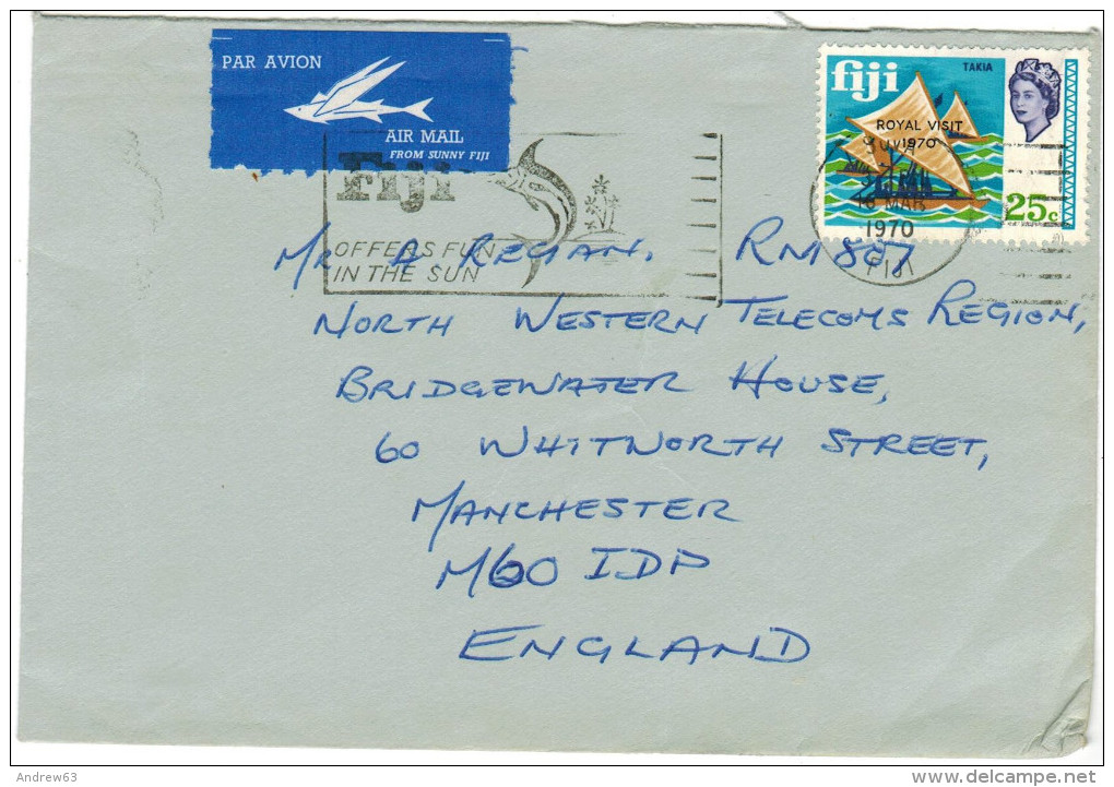 FIJI - 1970 - Air Mail - Royal Visit 1970 - Fiji Offer Fun In The Sun - Viaggiata Per Manchester, England - Fiji (1970-...)