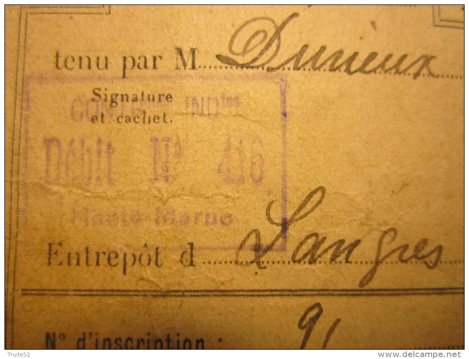 CARTE De TABAC  MILLARD Jules AIGREMONT Débit Tenu Par DURIEUX LANGRES Timbre 20 Fr Contribution Aux Depenses De L'entra - Documenti