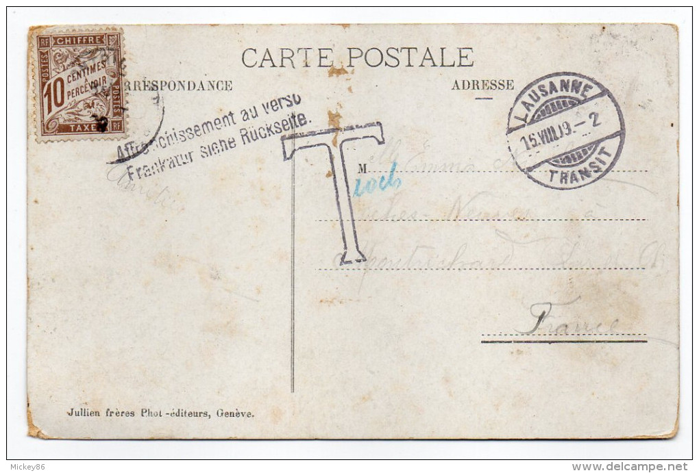 1909-carte Postale TAXEE De Suisse Lausanne Pour Montrichard-41-France--Beau Cachet Lausanne Transit- Griffe Et Timbre T - Postmark Collection