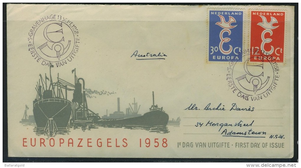 Netherlands 1958 Europa First Day Cover Addressed To Australia - Covers & Documents