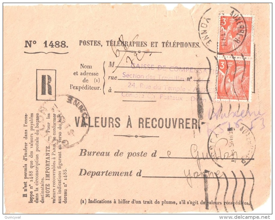 3172 AUXERRE Yonne Valeur à Recouvrer Iris 3 F Orange 655 Tf 1/3/45 Guillon Recommandé Etiquette Fortune Manuscrit - Covers & Documents