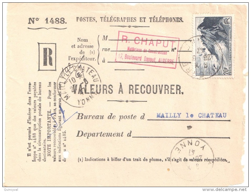 3193 AUXERRE Yonne Valeur Recouvrer 764 20 F Pointe Du Raz Tarif 8/7/47 Mailly Le Chateau Recommandé Fortune Etiquette - Storia Postale