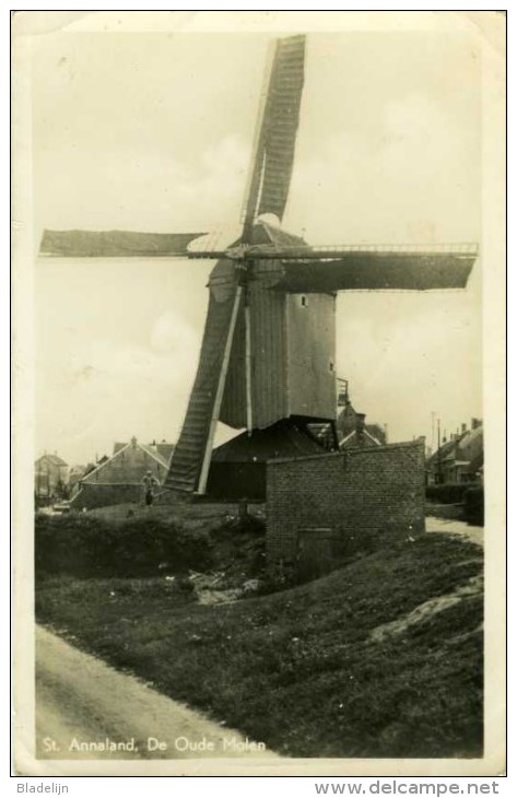 SINT-ANNALAND - Tholen (Zeeland) - Molen/moulin - De Oude Molen Met Volle Zeilen Ca. 1950 Met Verdwenen Maalderij - Tholen