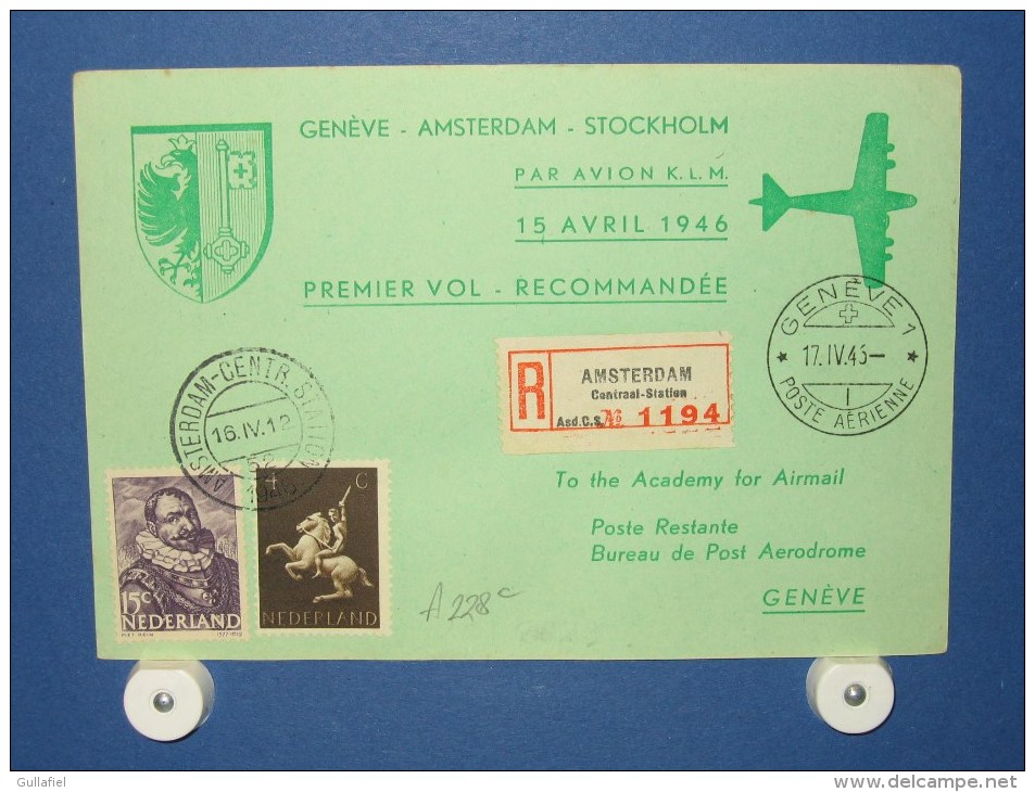 FFC First Flight 042 Amsterdam - Geneve Zwitserland1946 - A228c (nr.Cat DVH) - Premiers Vols