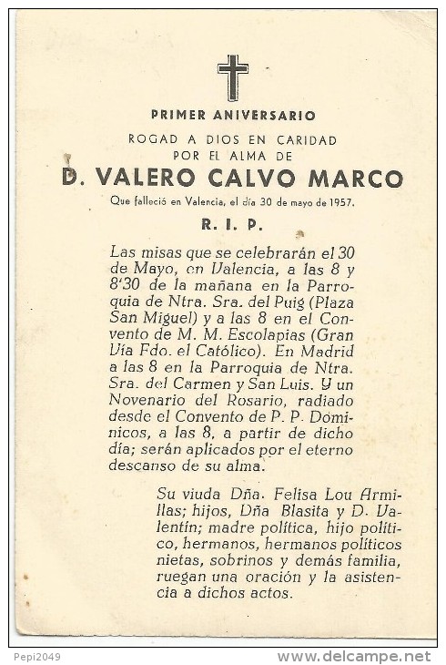 ES140 - RECORDATORIO DE DEFUNCION - VALENCIA 1957 - Otros & Sin Clasificación