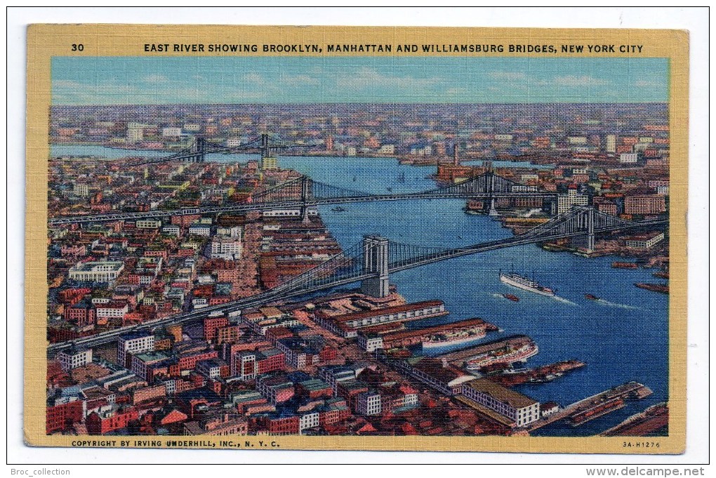 New York City, East River Showing Brooklyn, Manhattan And Williamsburg Bridges, 1949, Irving Underhill N° 30, 2 Scans - Ponts & Tunnels