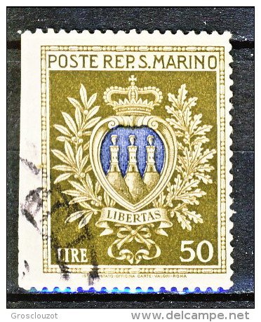 San Marino 1946 VARIETA '  Serie Stemmi N. 295 Lire 50 Oliva E Oltremare Usato  Non Dentellato A Sinistra - Usados