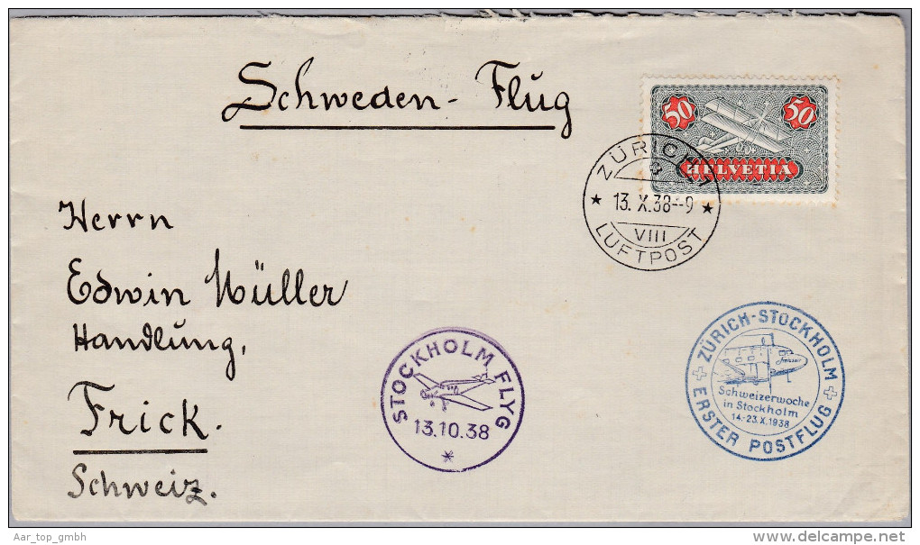 Schweiz Flugpost 1938-10-13 Schweden Flug Brief Nach Frick - Erst- U. Sonderflugbriefe