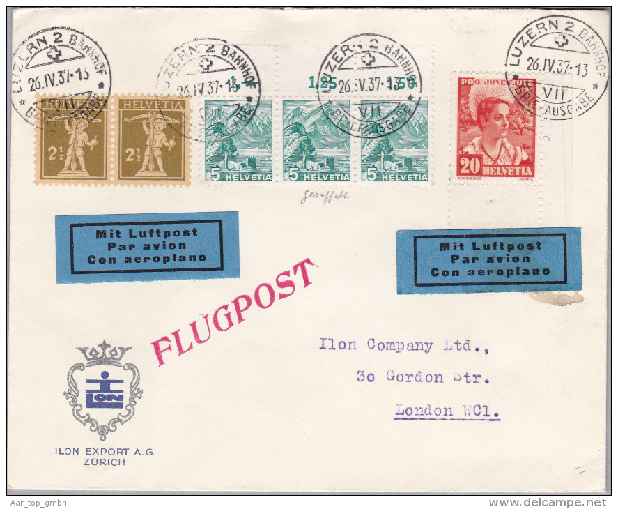Schweiz Flugpost 1937-04-26 Luzern 2 Brief Nach London - Premiers Vols