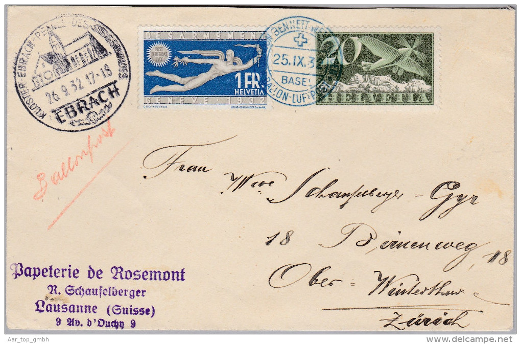 Schweiz Flugpost 1932-09-25 Basel Gordon Benett Wettfluegen Blau Ballonpost Brief Nach Ob.Winterthur - Erst- U. Sonderflugbriefe