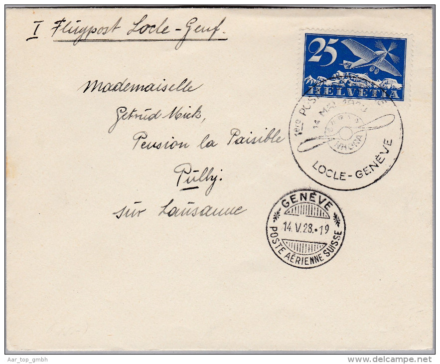 Schweiz Flugpost 1928-05-14 NOHRA Erstflug Locle-Genf Brief Nach Prilly - Primeros Vuelos