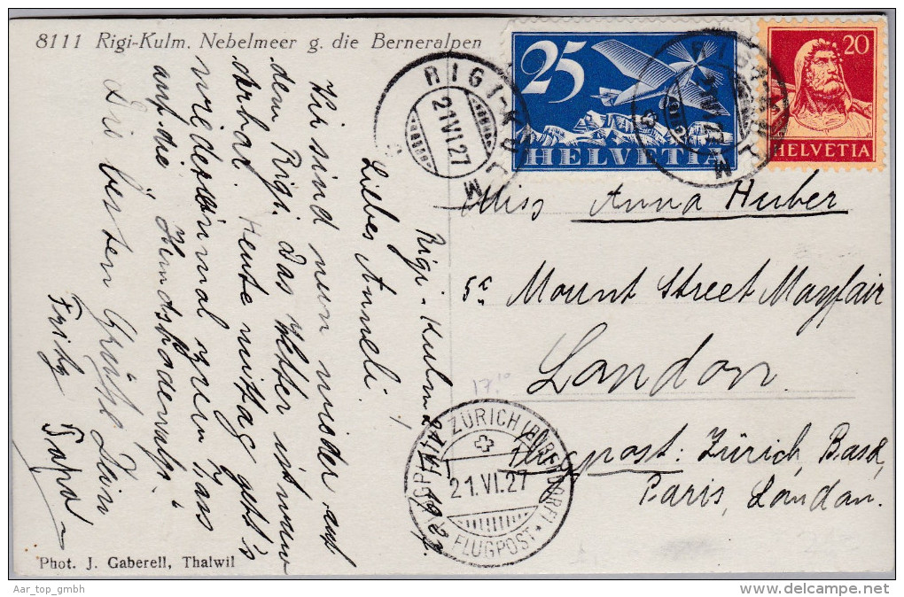 Schweiz Flugpost 1927-06-21 Rigi Kulm AK Nach London GB - Premiers Vols