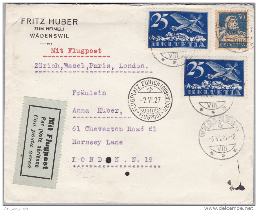 Schweiz Flugpost 1927-06-07 Zürich Flugplatz Brief Nach London - Primeros Vuelos