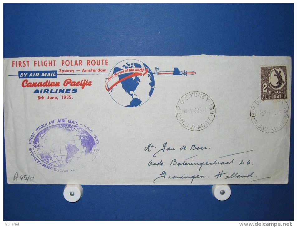 FFC First Flight 097 Sydney Australie - Amsterdam 1955 - A457a (nr.Cat DVH) - Cartas & Documentos