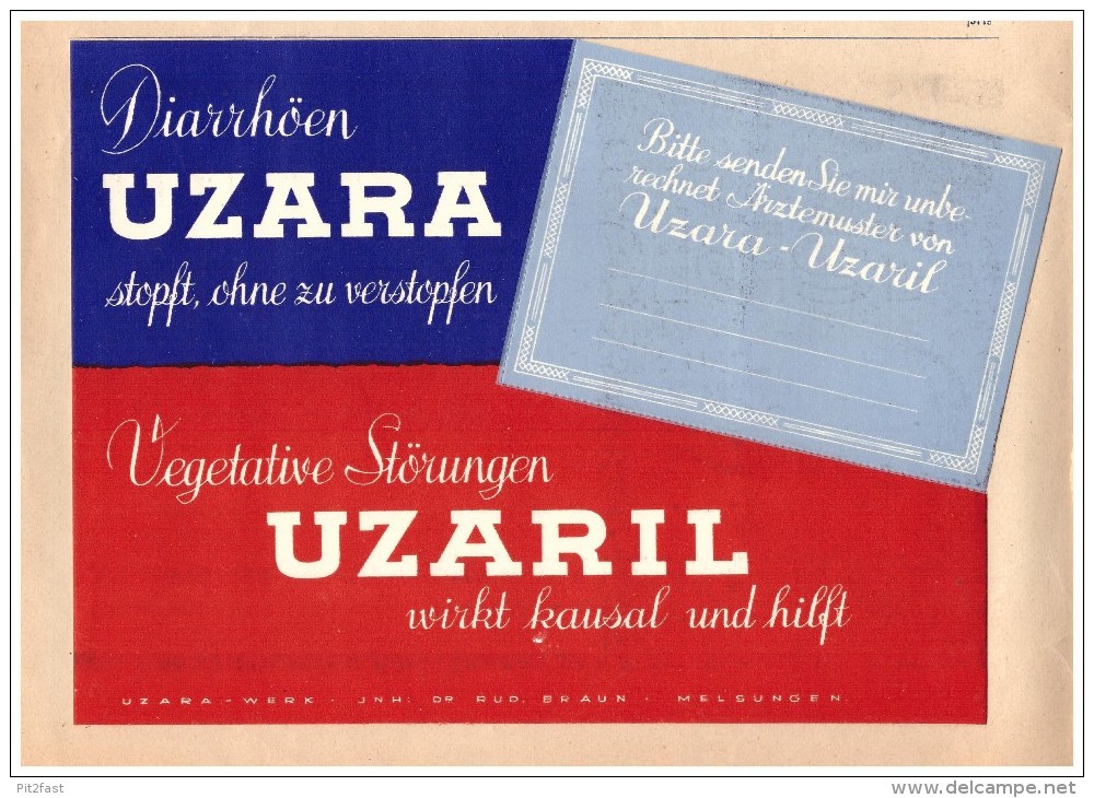 Original Werbung / Klappkarte - 1938 - Uzara Werk Dr. Braun In Melsungen , Arzt , Kur , Krankenhaus , Apotheke !!! - Werbung