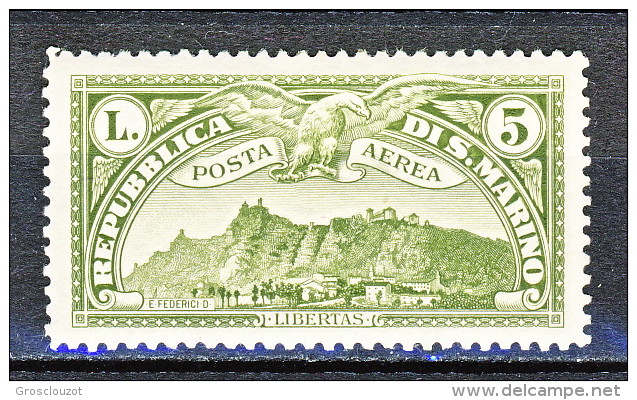 San Marino PA 1931 Veduta San Marino N. 7 Lire 5 Verde Oliva MNH - Luftpost