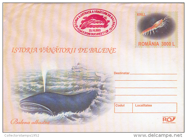 13192- HALE HUNTERS, SHIP, COVER STATIONERY, 2003, ROMANIA - Baleines