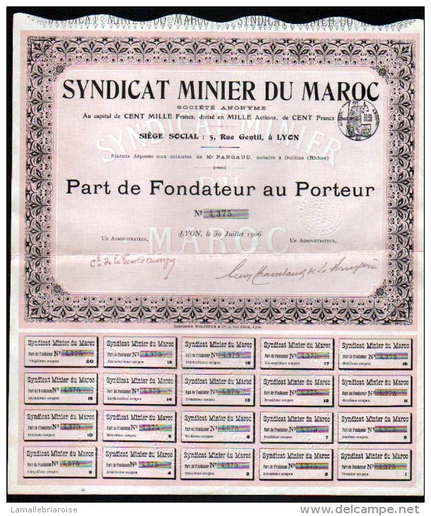 SYNDICAT MINIER DU MAROC, CAPITAL DE 100 000 FRANCS DIVISE EN 1000 ACTIONS, RARE - Mines