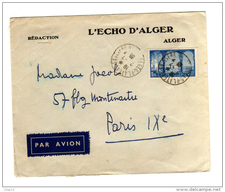 ENVELOPPE DE PLATEAU SAULIERE - ALGER POUR PARIS 02/07/1936 - Lettres & Documents