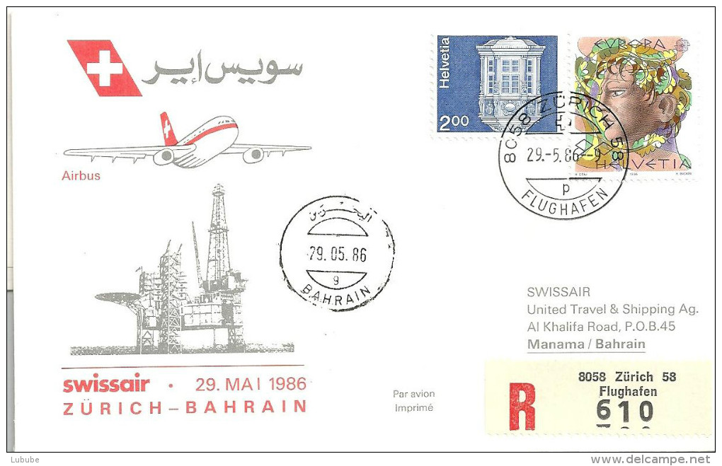 Luftpost  "Swissair Erstflug  Zürich - Bahrein"            1986 - Primi Voli