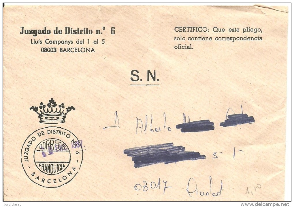 CARTA FRANQUICIA JUZGADO DISTRITI  BARCELONA 1987 - Franchise Postale