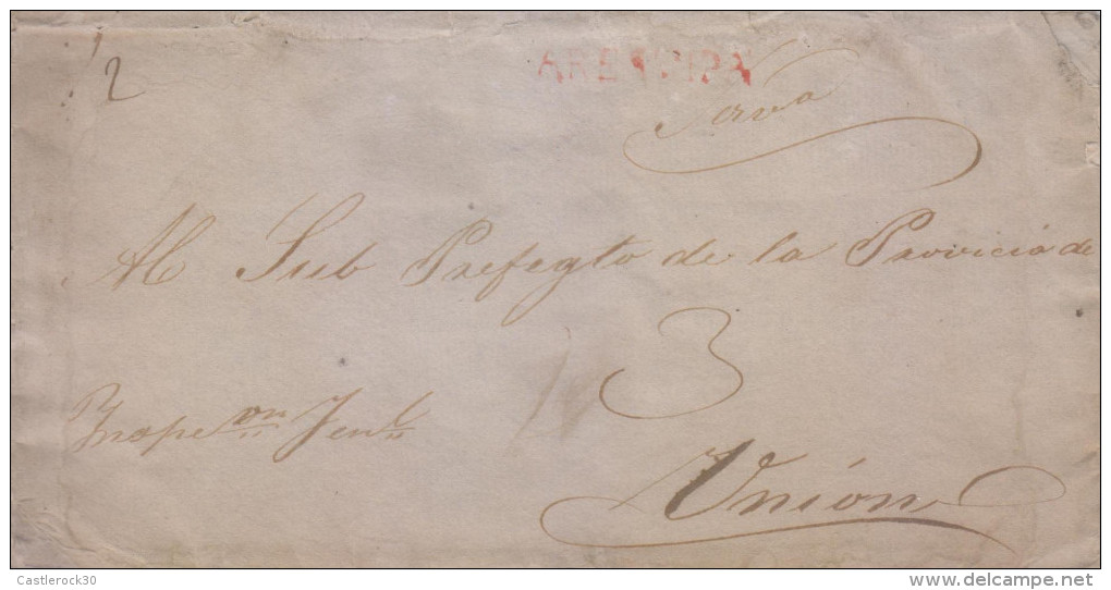 G)CIRCA 1790 PERU, AREQUIPA RED CANC., CIRCULATED COVER TO UNION, SEALED ON THE BACK, F - Peru