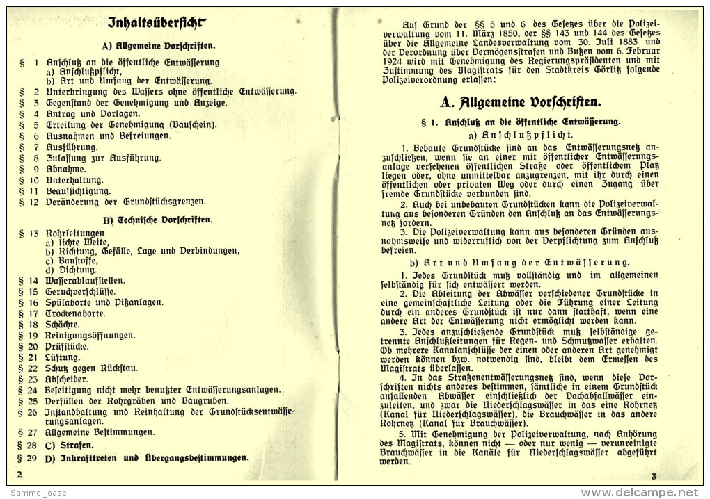 Broschüre 1928  -  Polizei-Verordnung Görlitz  -  Anschluß Der Grundstücke An Die Strassenkanäle - Historische Dokumente